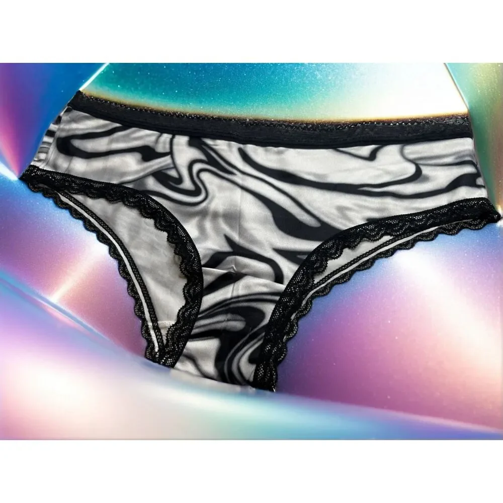 New Bikini Brief Lace Accent Black White Abstract Small Panties Underwear NWOT